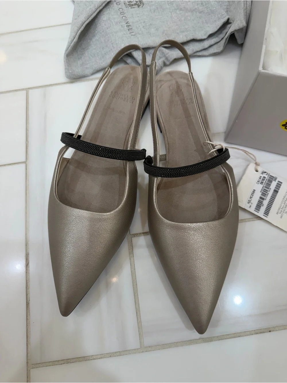 New Brunello Cucinelli Metallic Taupe Pointed Slingback Flats with Black Strap - Picture 2 of 8